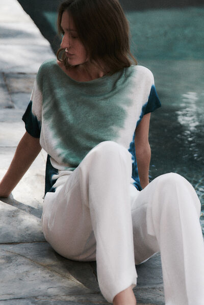 Pull elio 100% lin à manches courtes bleu femme