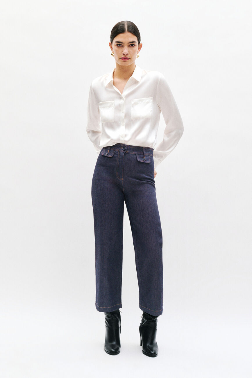 Vaquero Teano acampanado denim doble piedra mujer