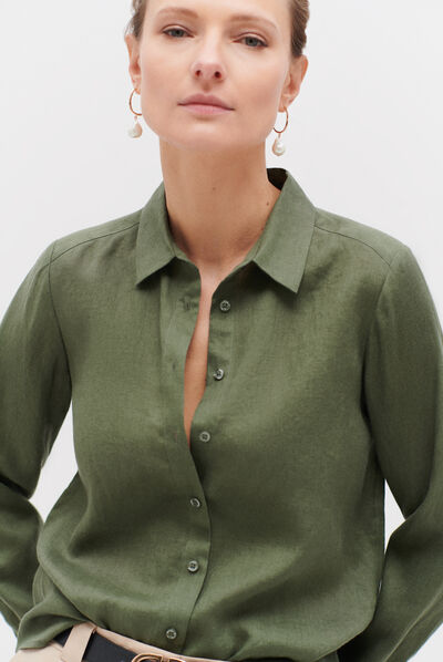 Camisa Brenda 100 % lino verde caqui mujer