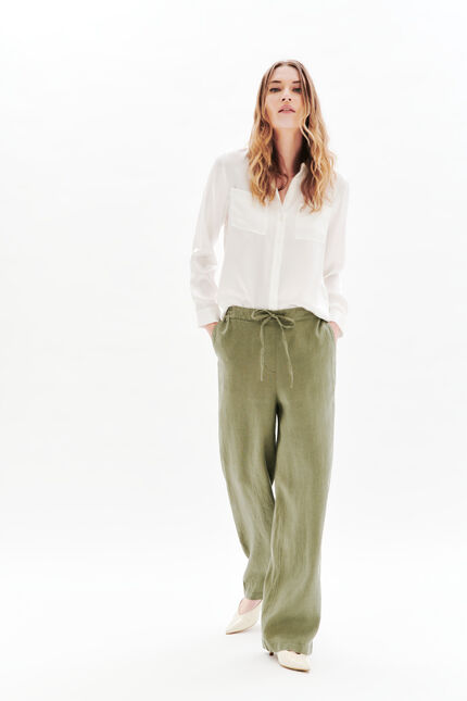 Pantalon pigment 100% lin vert kaki femme