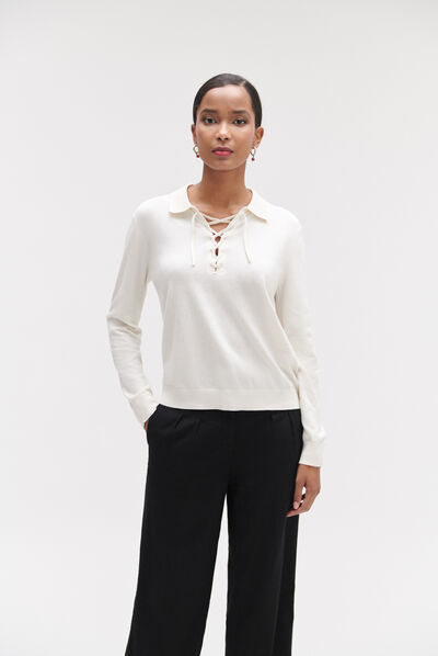 Pull arthur col polo lacé ecru femme