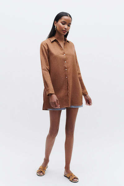 chemise clementine 100% lin marron cognac femme