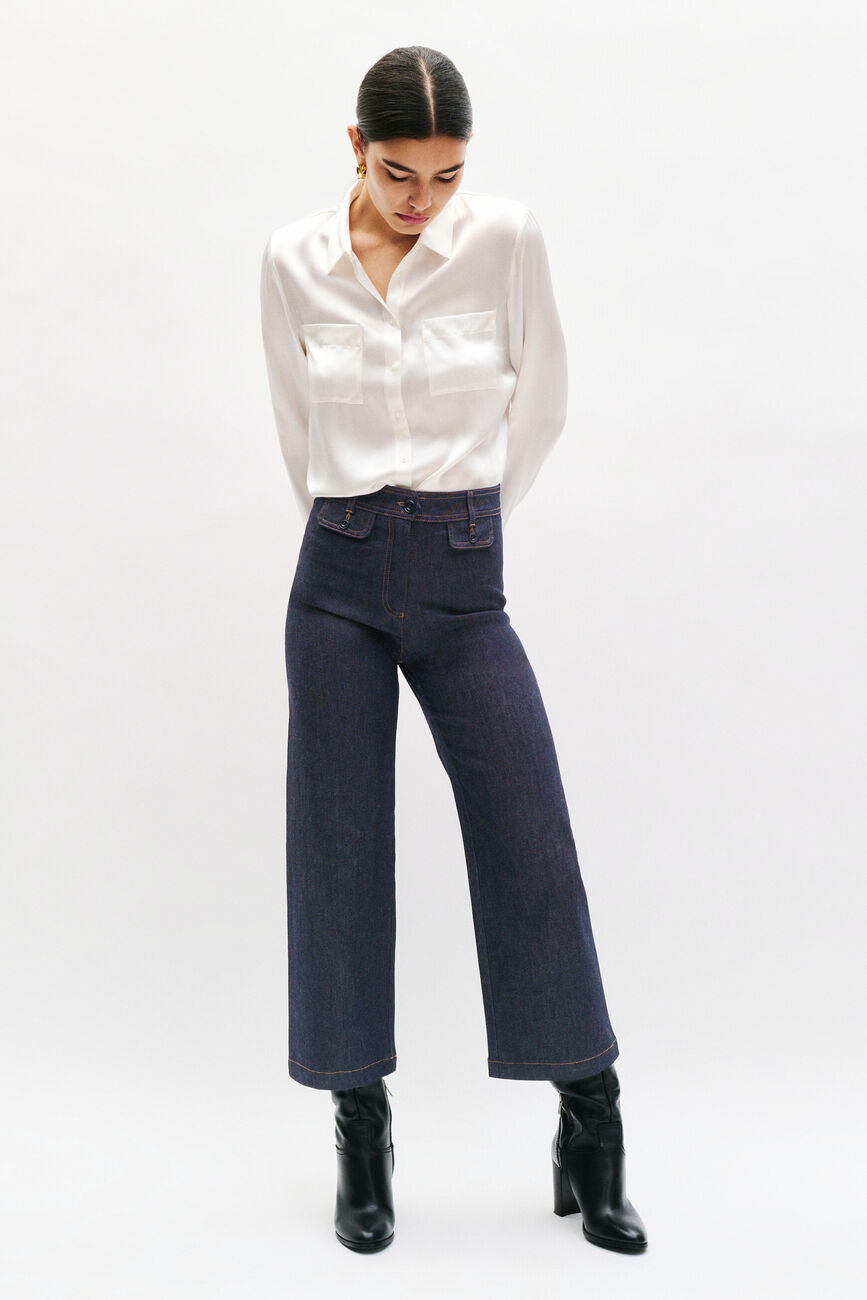 Vaquero Teano acampanado denim doble piedra mujer