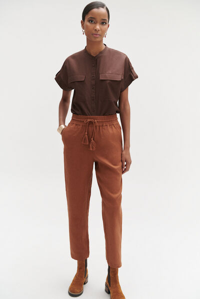 Pantalon luc casual 100% lin marron cognac femme