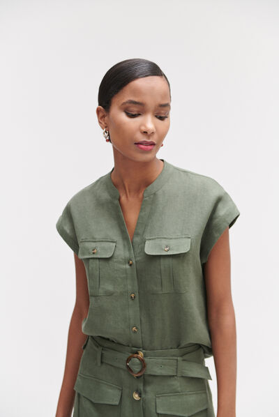 Camisa Gina 100 % lino verde caqui mujer