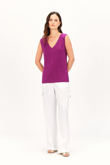 T-shirt trym 100% lin prune femme