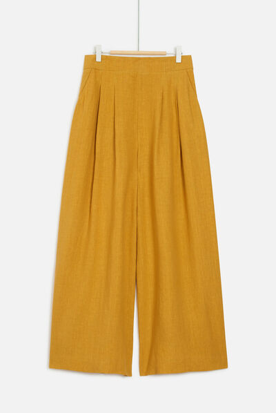 Pantalon valvano jupe-culotte 100% lin jaune or femme