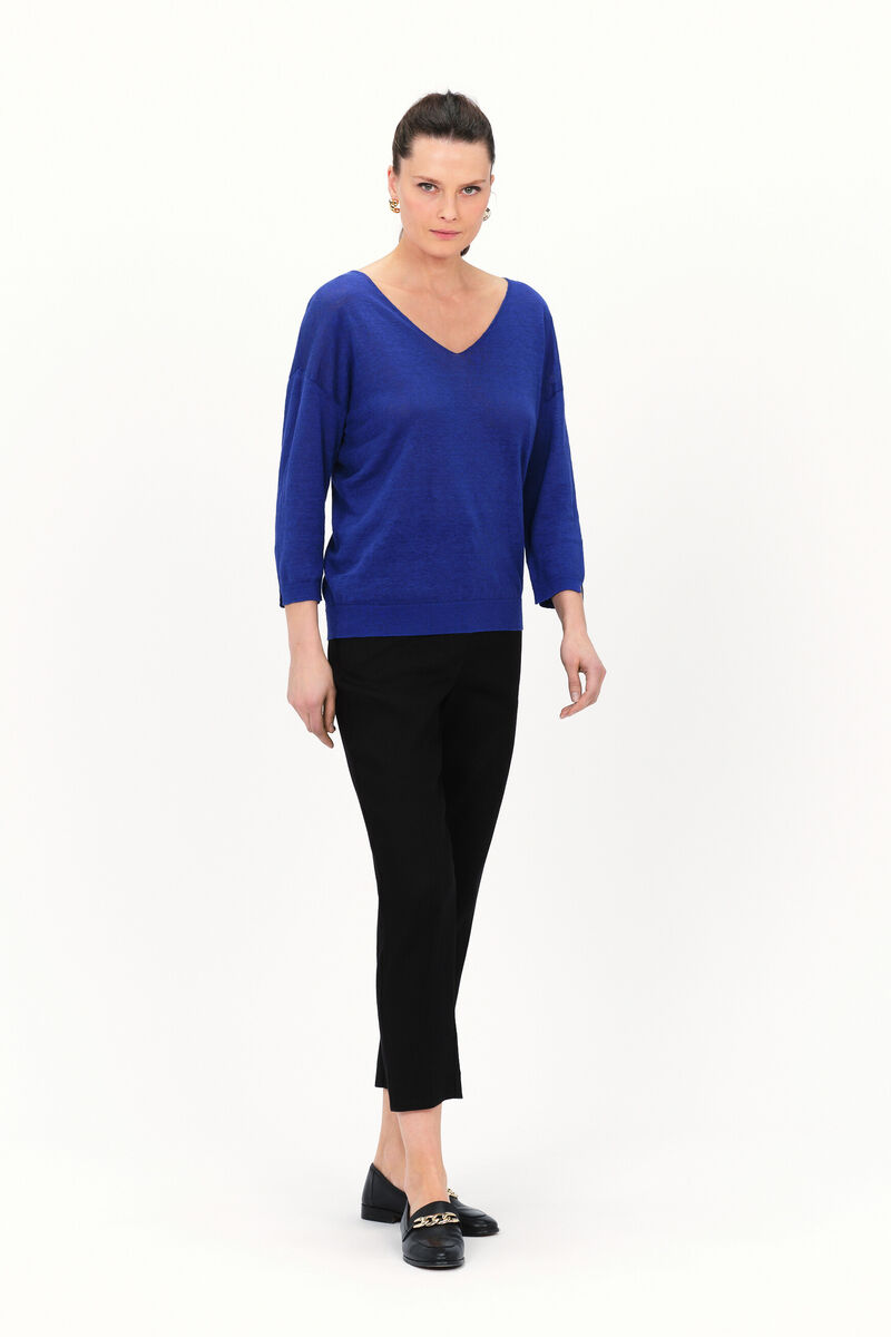 Pull alicia col V 100% lin bleu turquoise femme