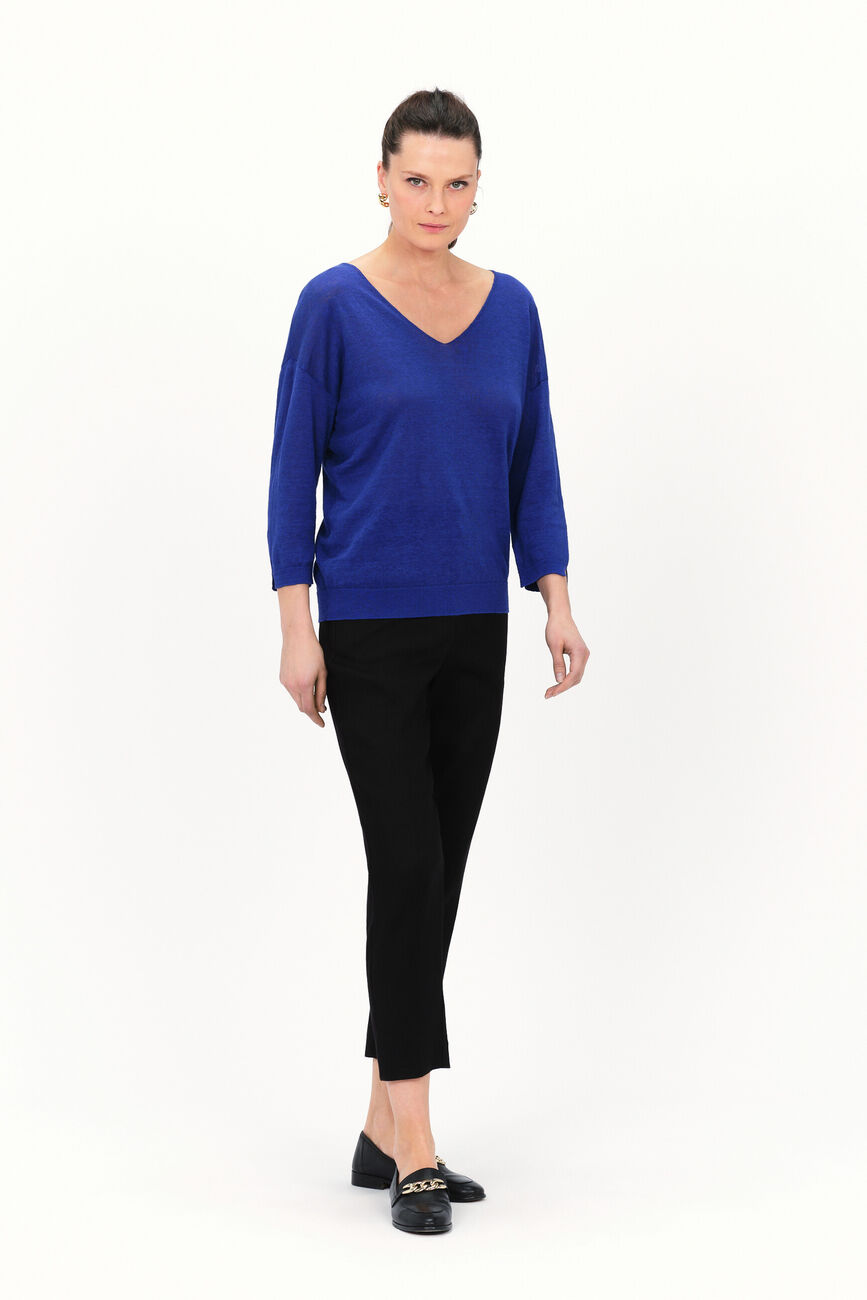 Pull alicia col V 100% lin bleu turquoise femme