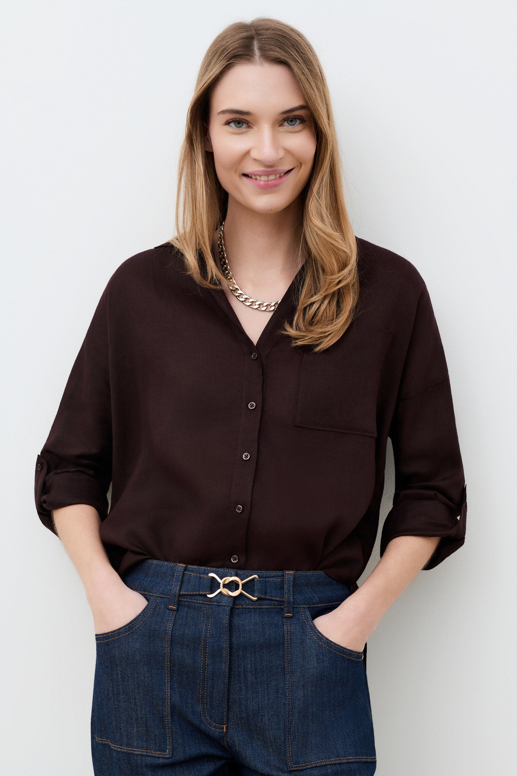 Csandinette 100% linen shirt dark brown woman