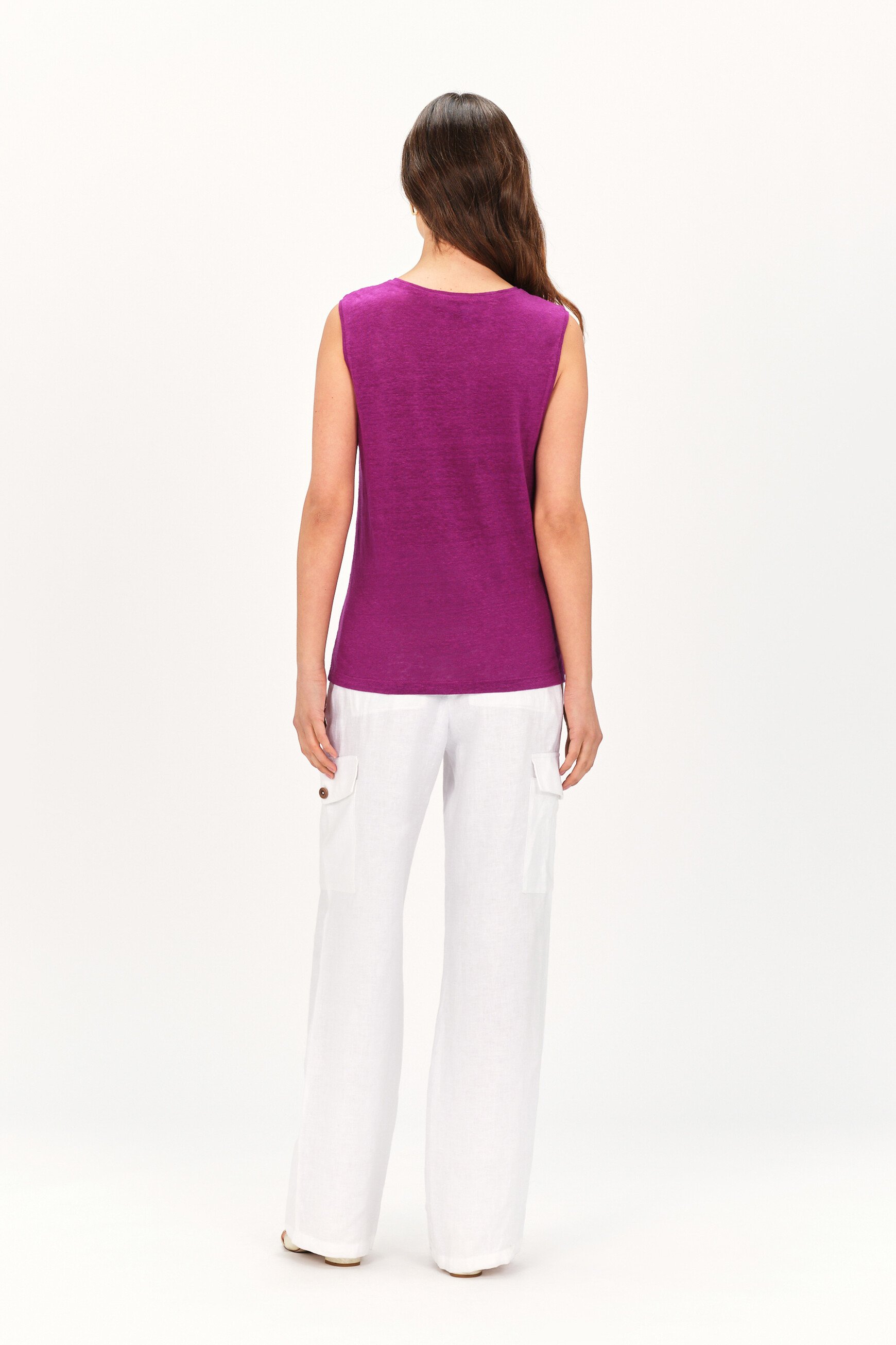 100 linen trym T shirt plum woman