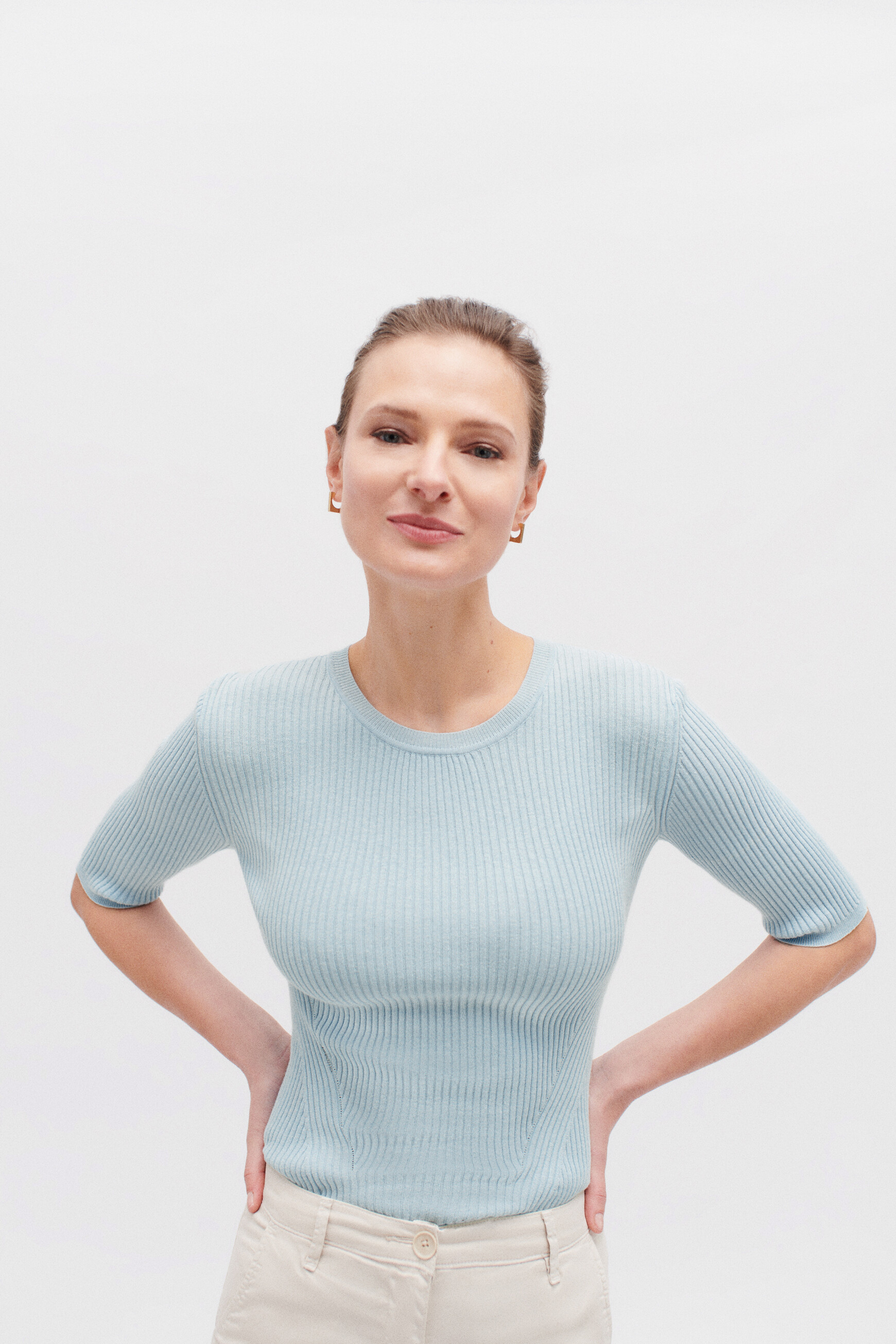 Pull jim en maille côtelée bleu ciel femme