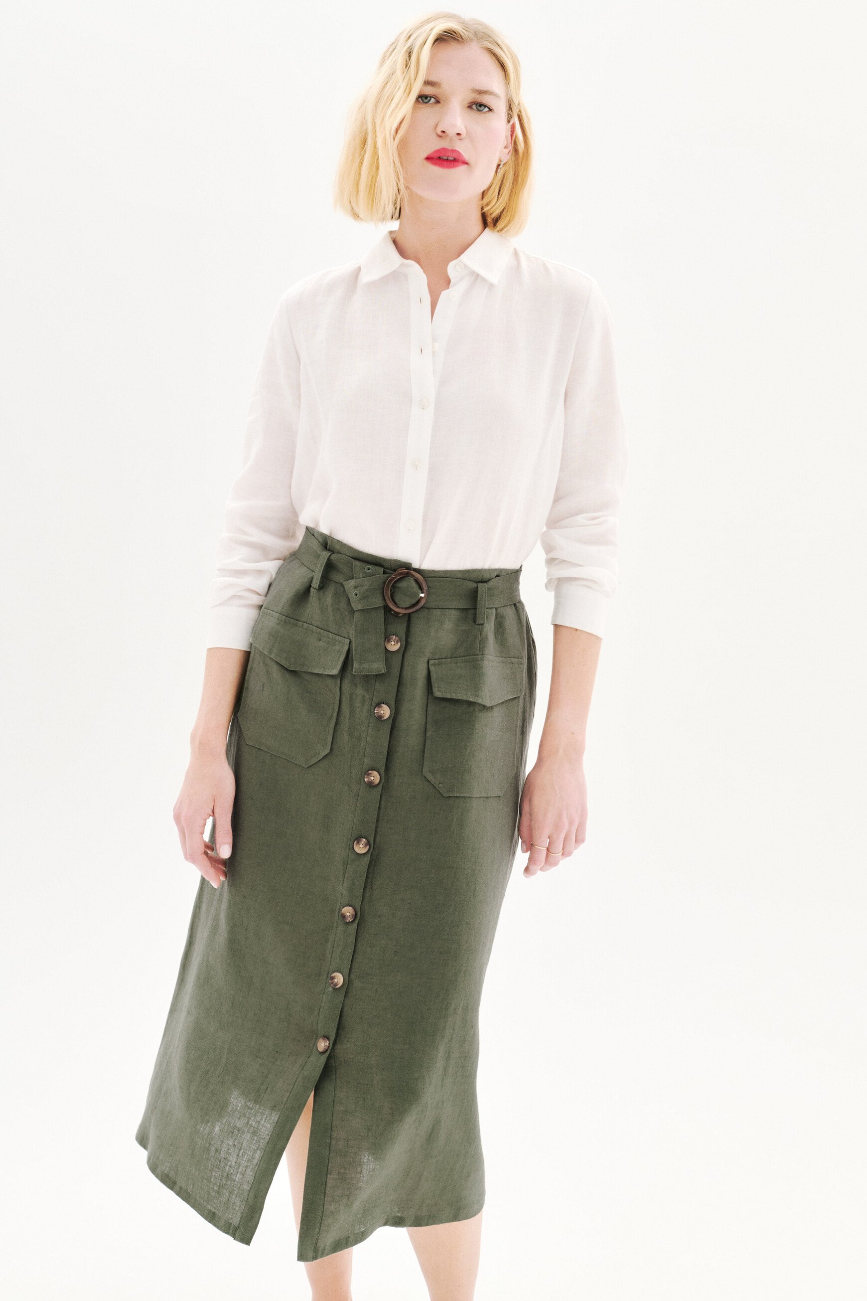 falda agnes 100 lino verde caqui mujer Falda agnes 100 % lino verde caqui mujer
