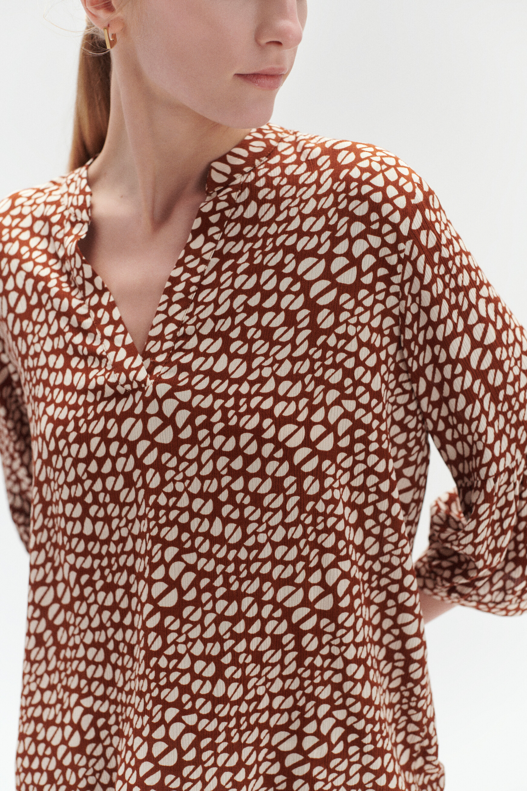Blouse samson à motif marron cognac femme