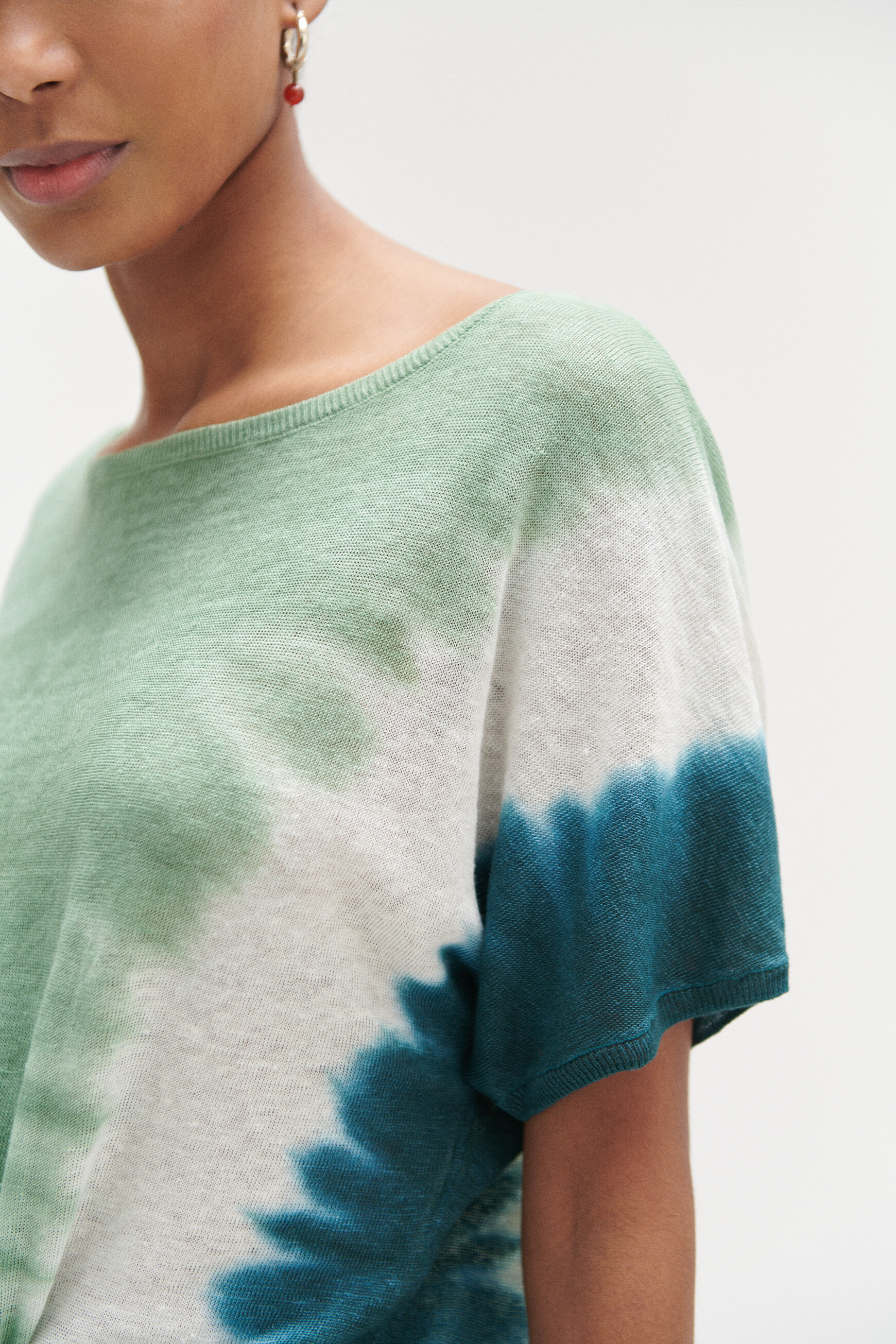 Pull elio 100% lin &agrave; manches courtes bleu femme