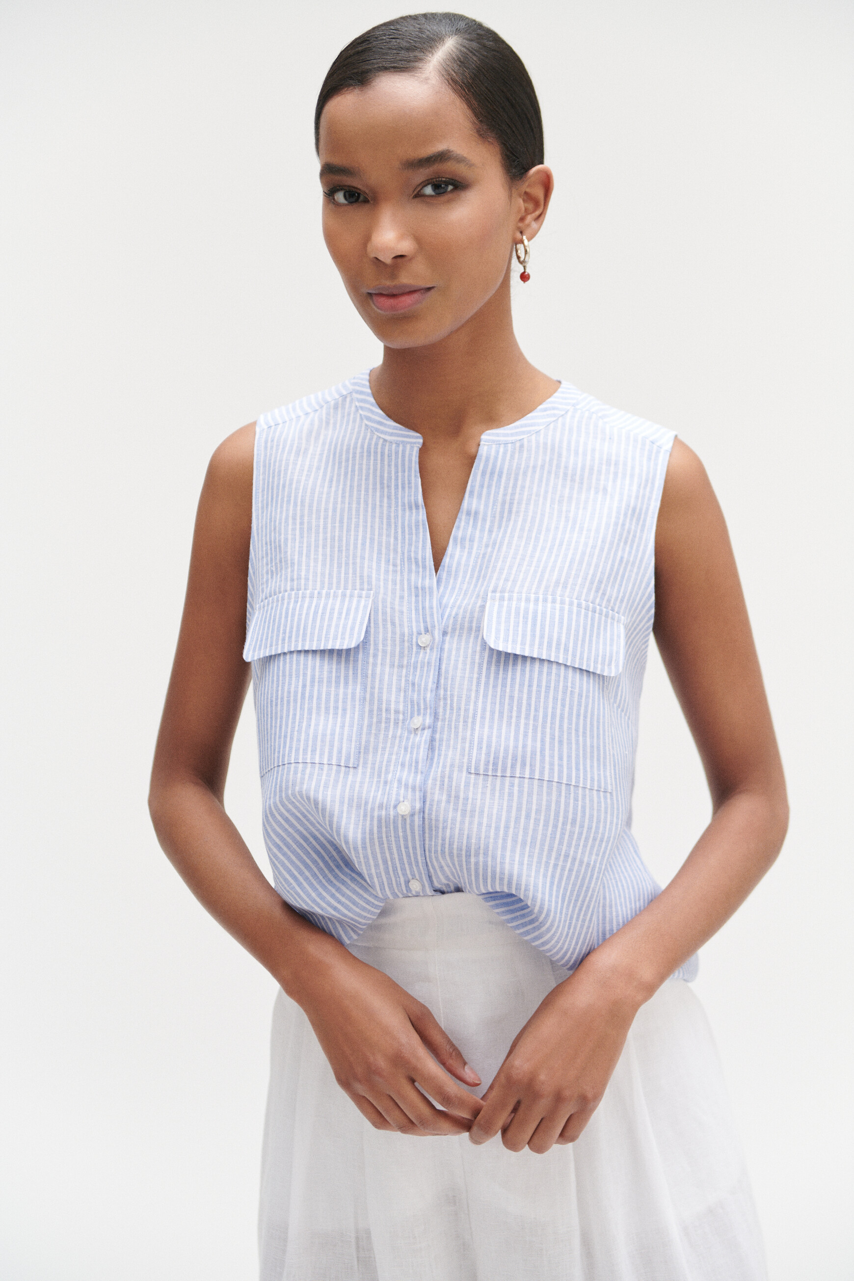 Chemise chambray rayee 100 lin bleu clair femme