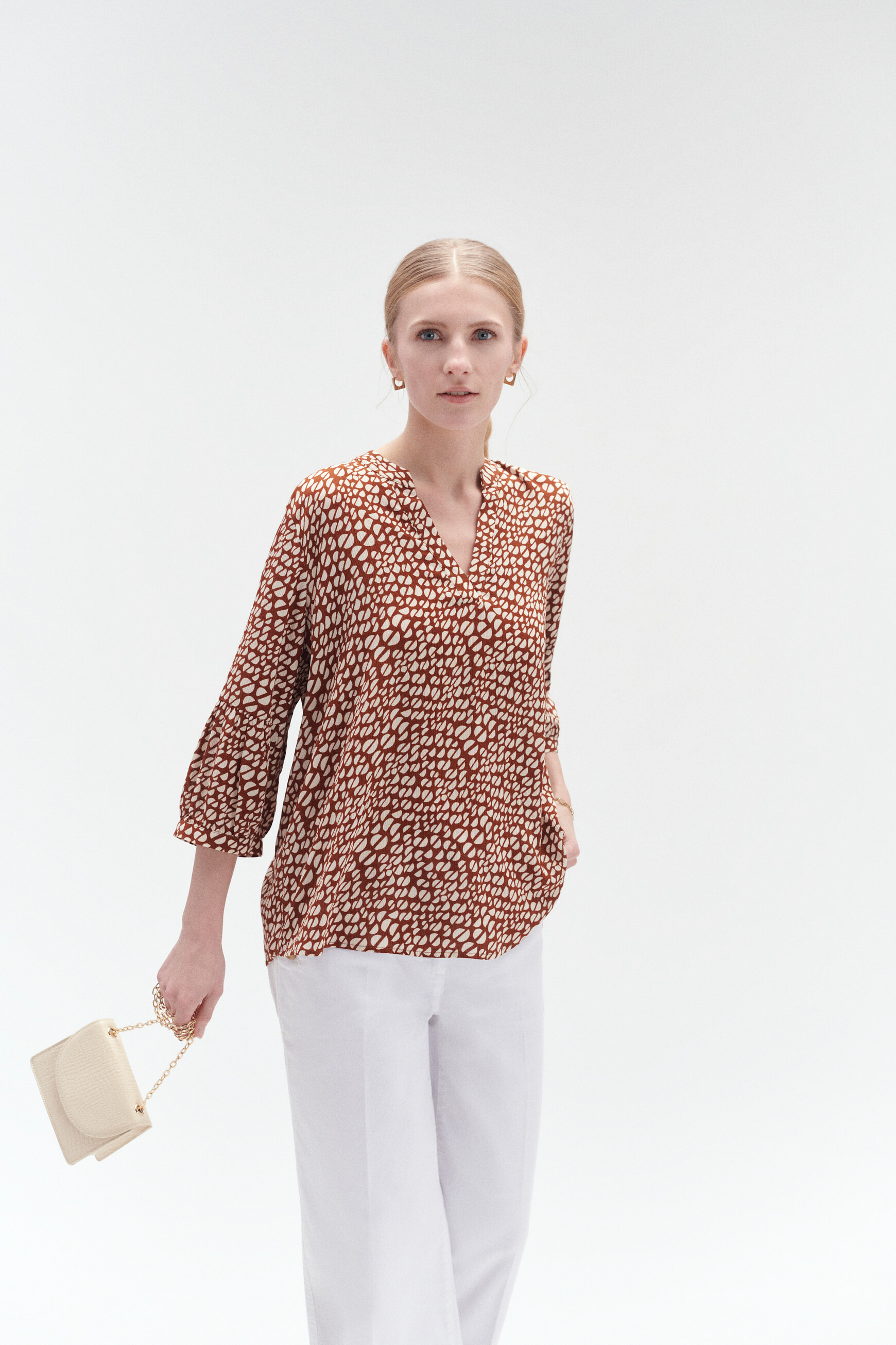 Blouse samson à motif marron cognac femme