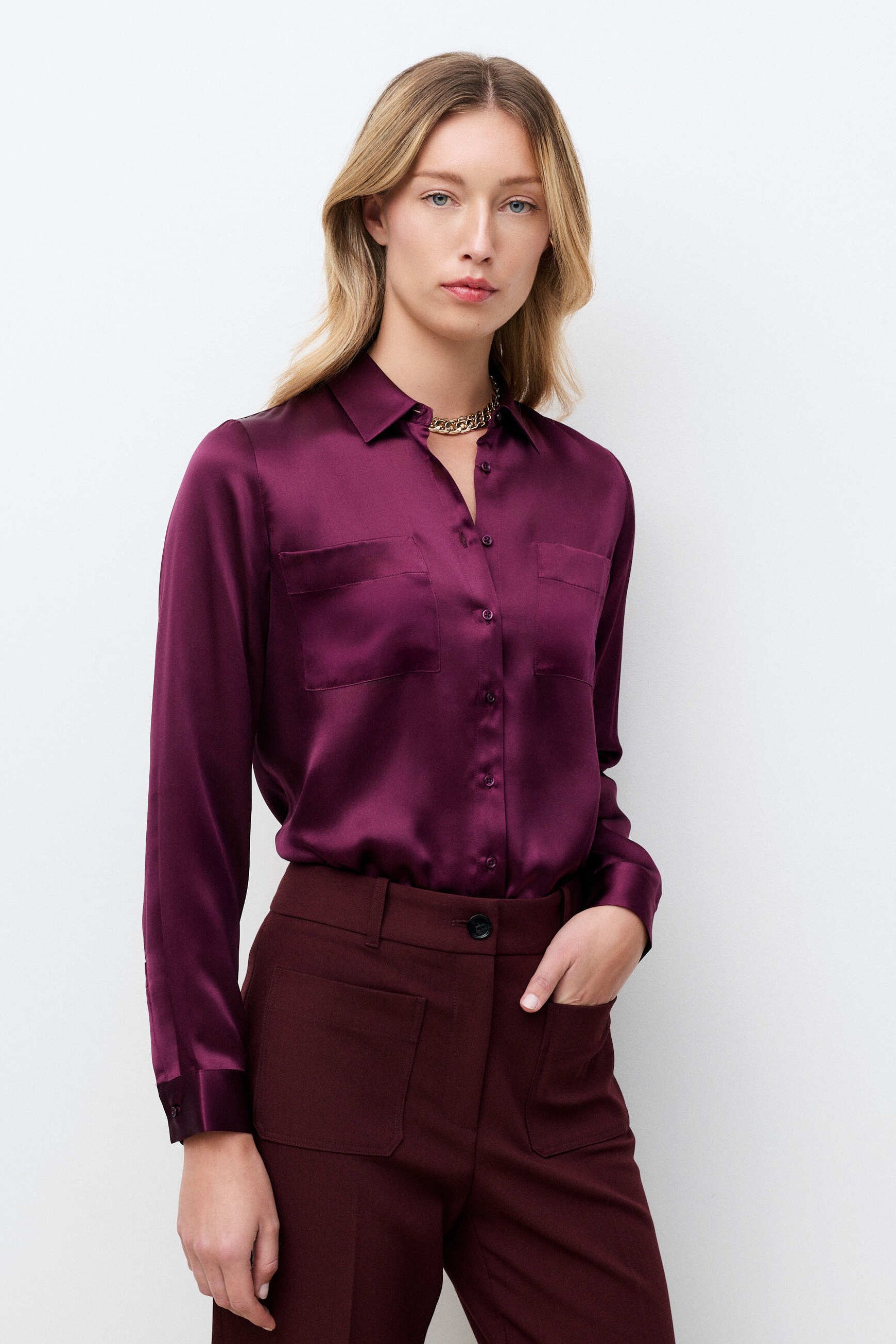 Camisa jeanne b 100% seda ameixa mulher
