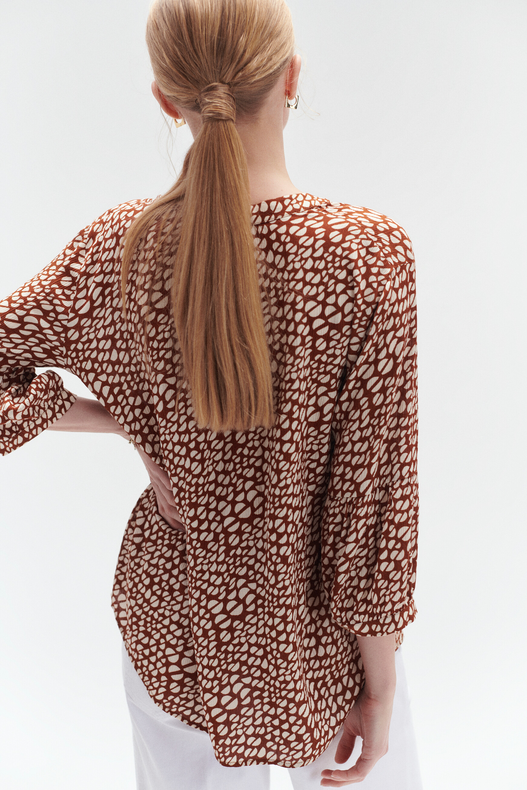 Blouse samson à motif marron cognac femme