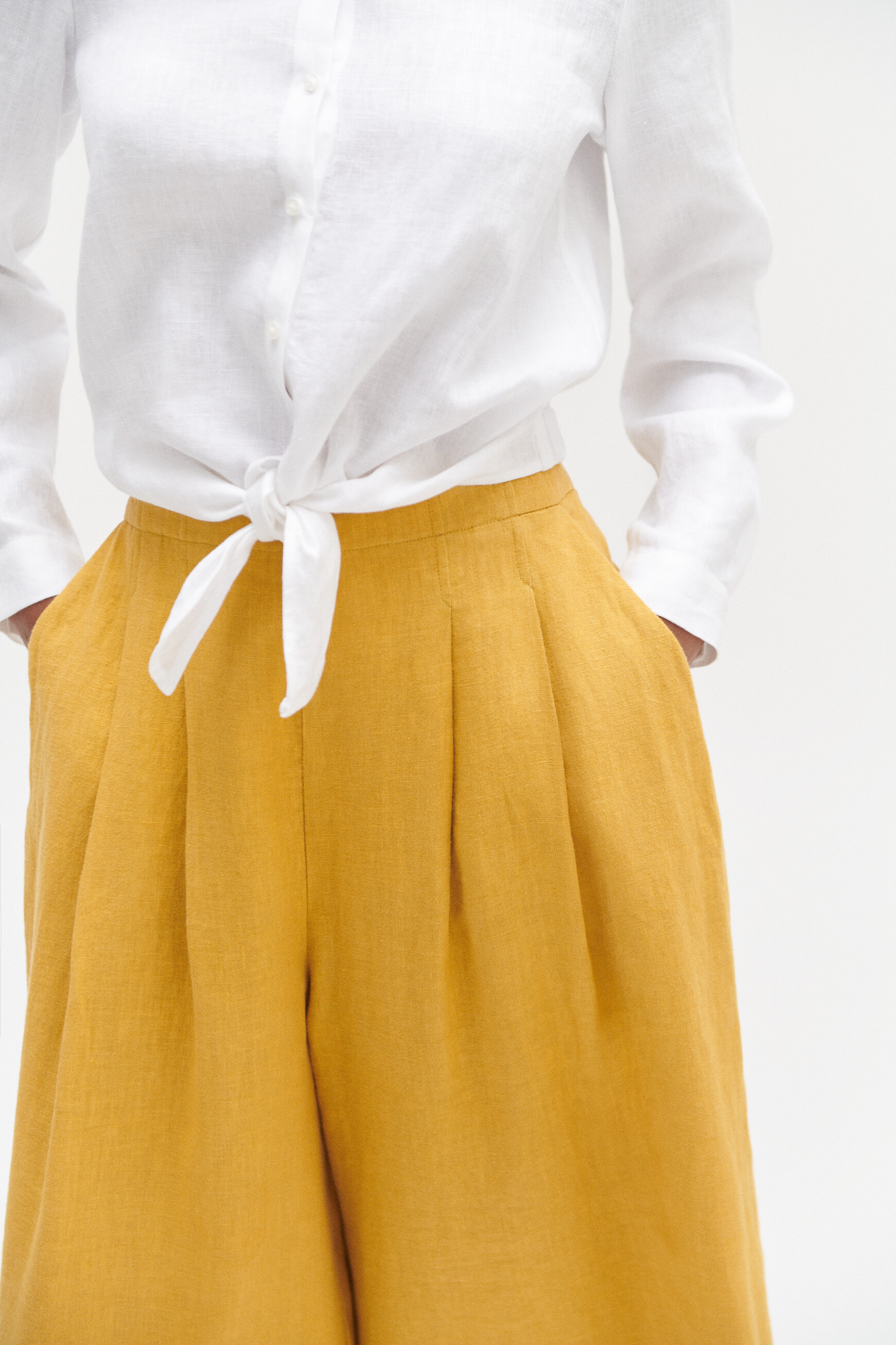 Pantalon valvano jupe culotte 100 lin jaune or femme
