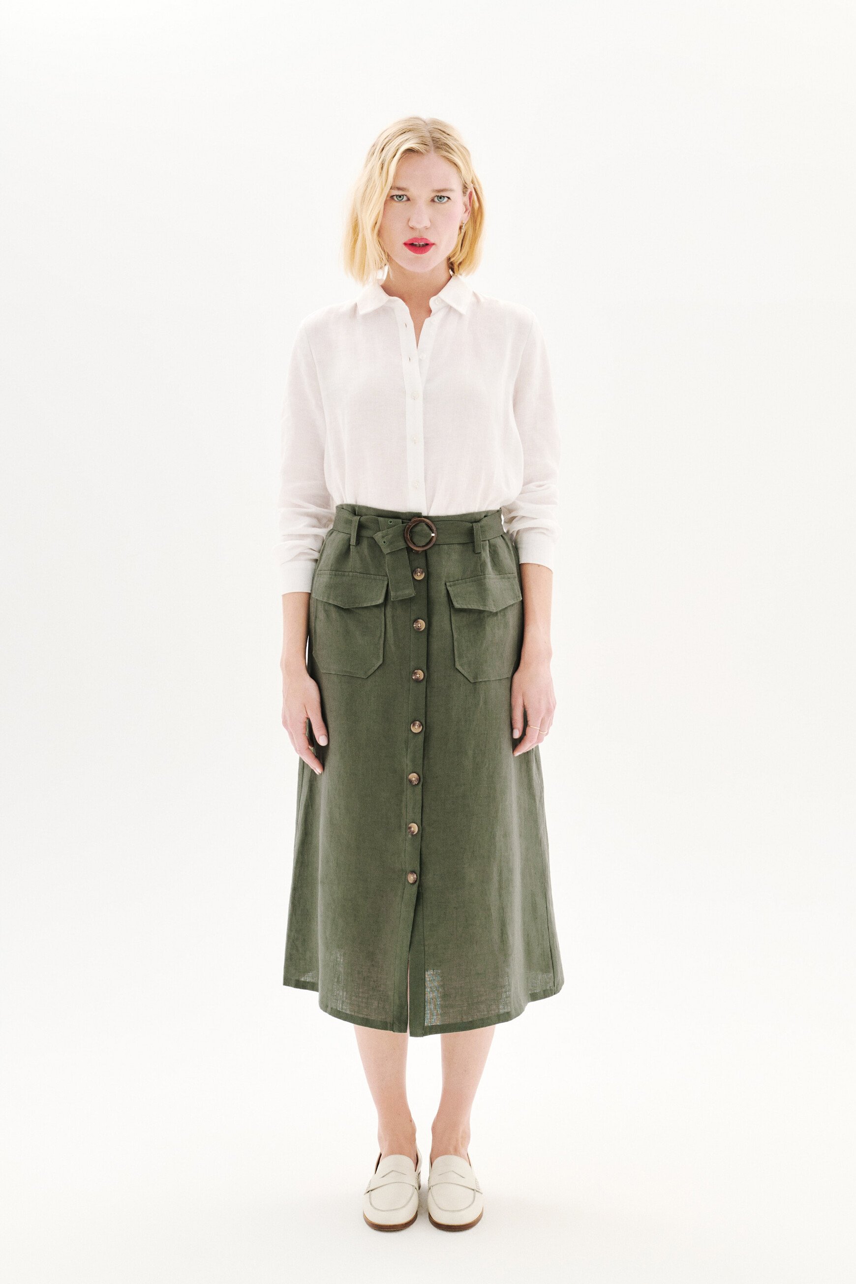 falda agnes 100 lino verde caqui mujer Falda agnes 100 % lino verde caqui mujer