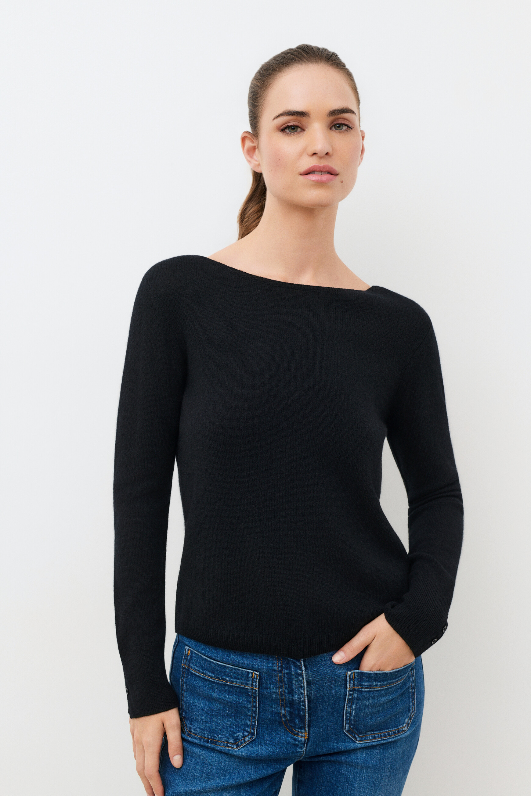 Malha mzoan 100% caxemira preto mulher