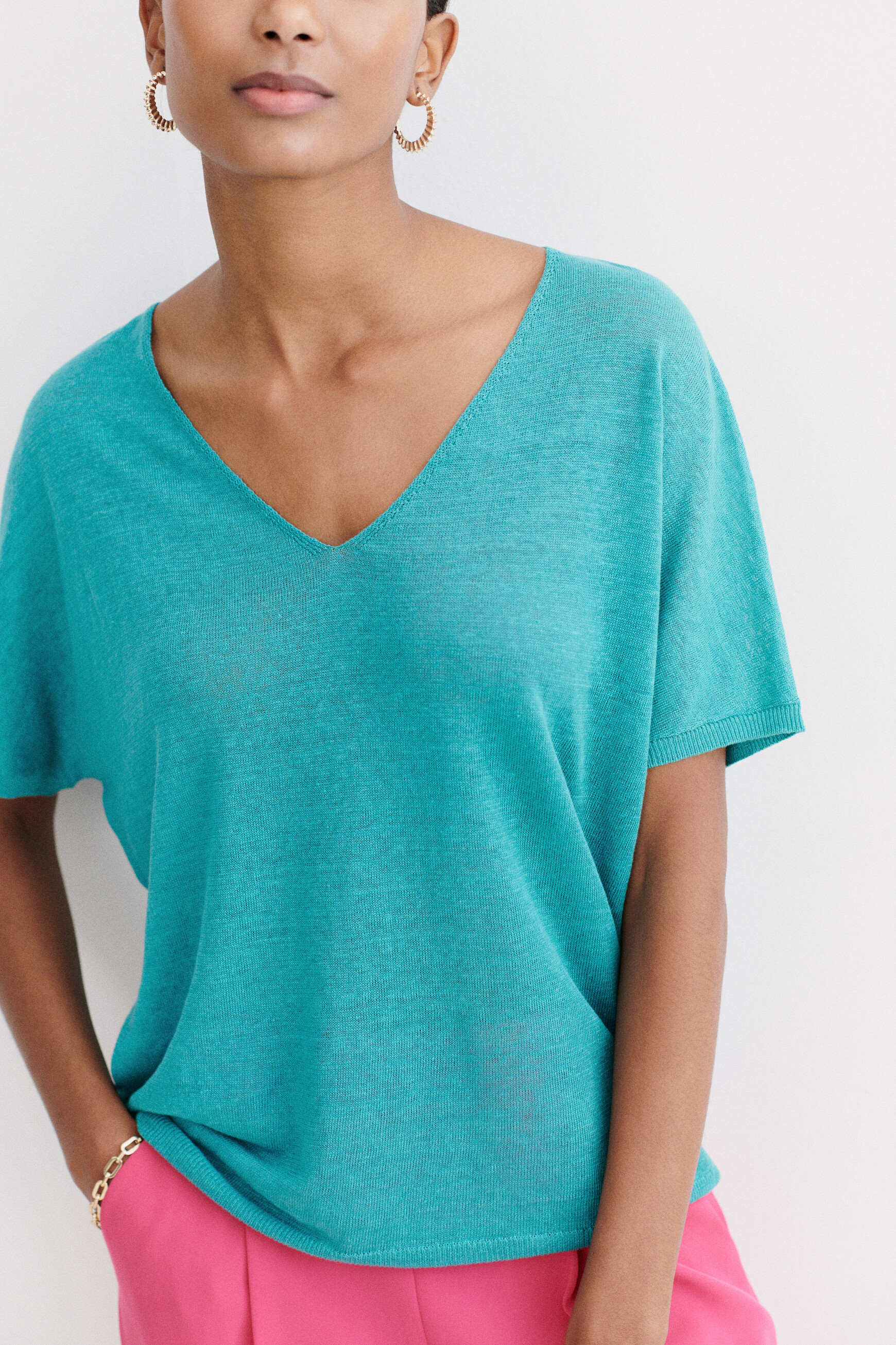 pull milane 100% lin vert emeraude femme