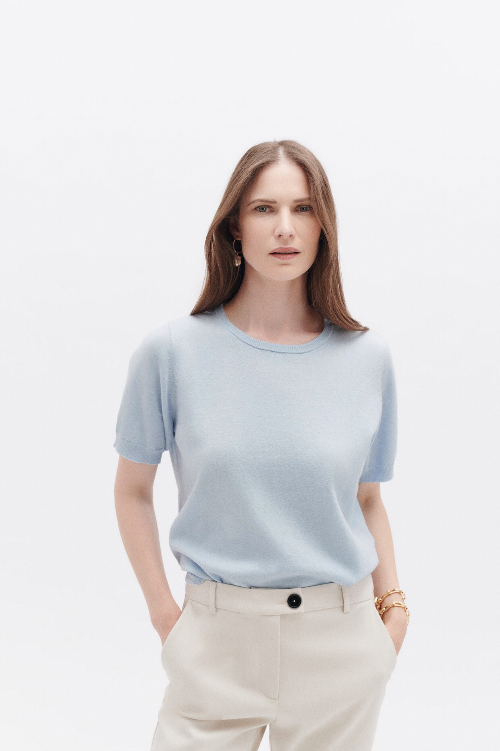 Pull coton sale bleu ciel femme