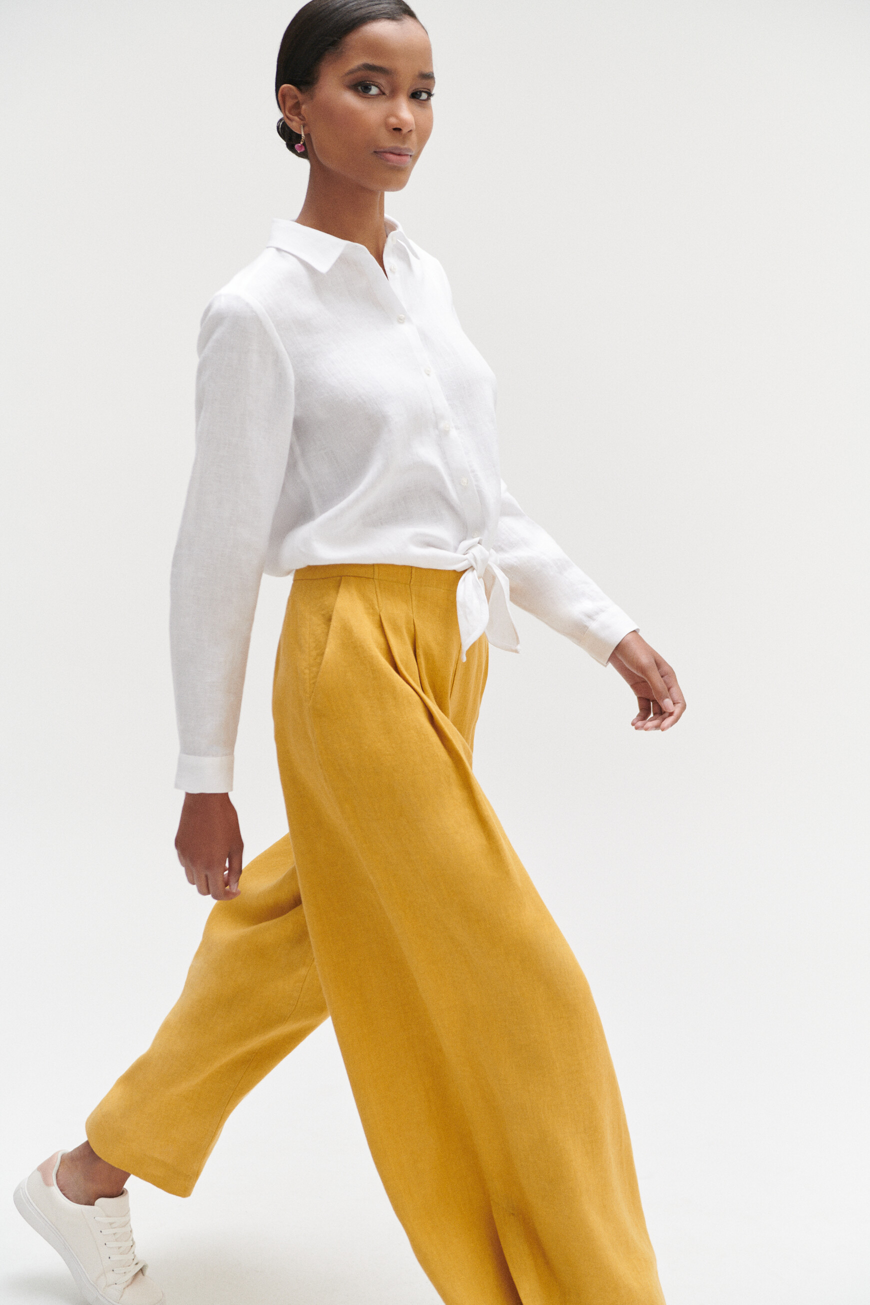 Pantalon valvano jupe culotte 100 lin jaune or femme