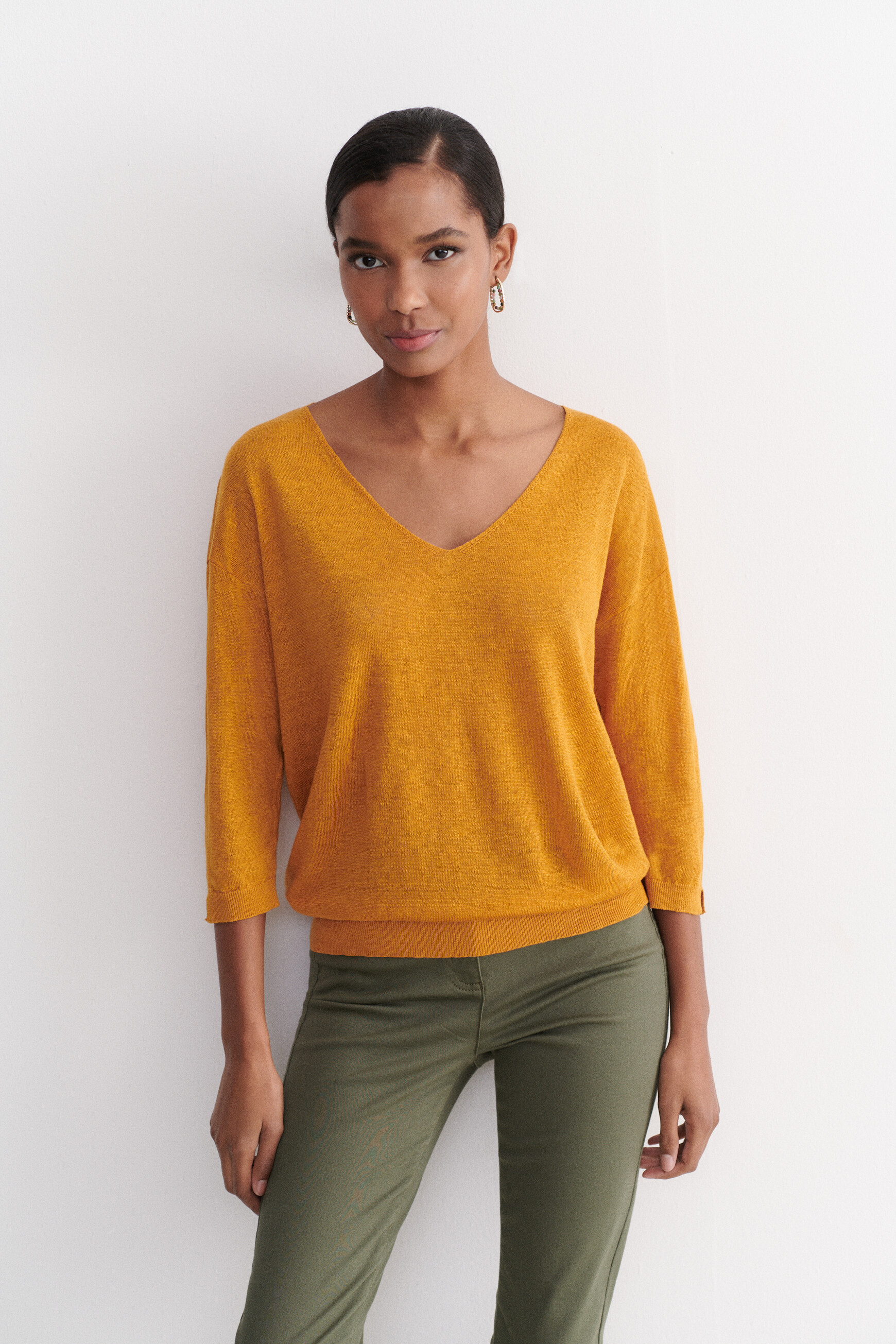 Pull alicia col V 100% lin jaune moutarde femme
