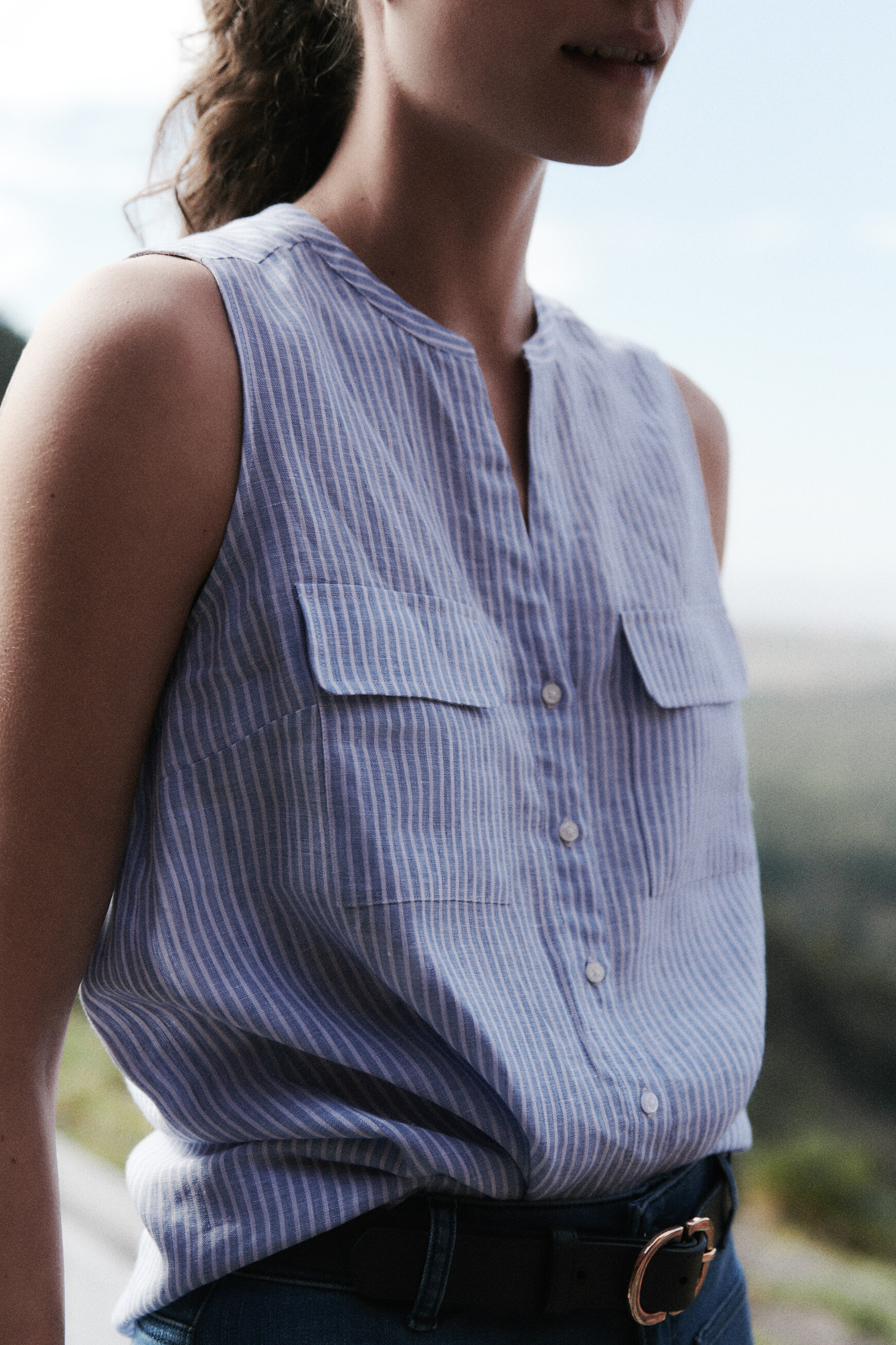 chemise chambray rayee 100 lin bleu clair femme Chemise chambray rayée 100% lin bleu clair femme
