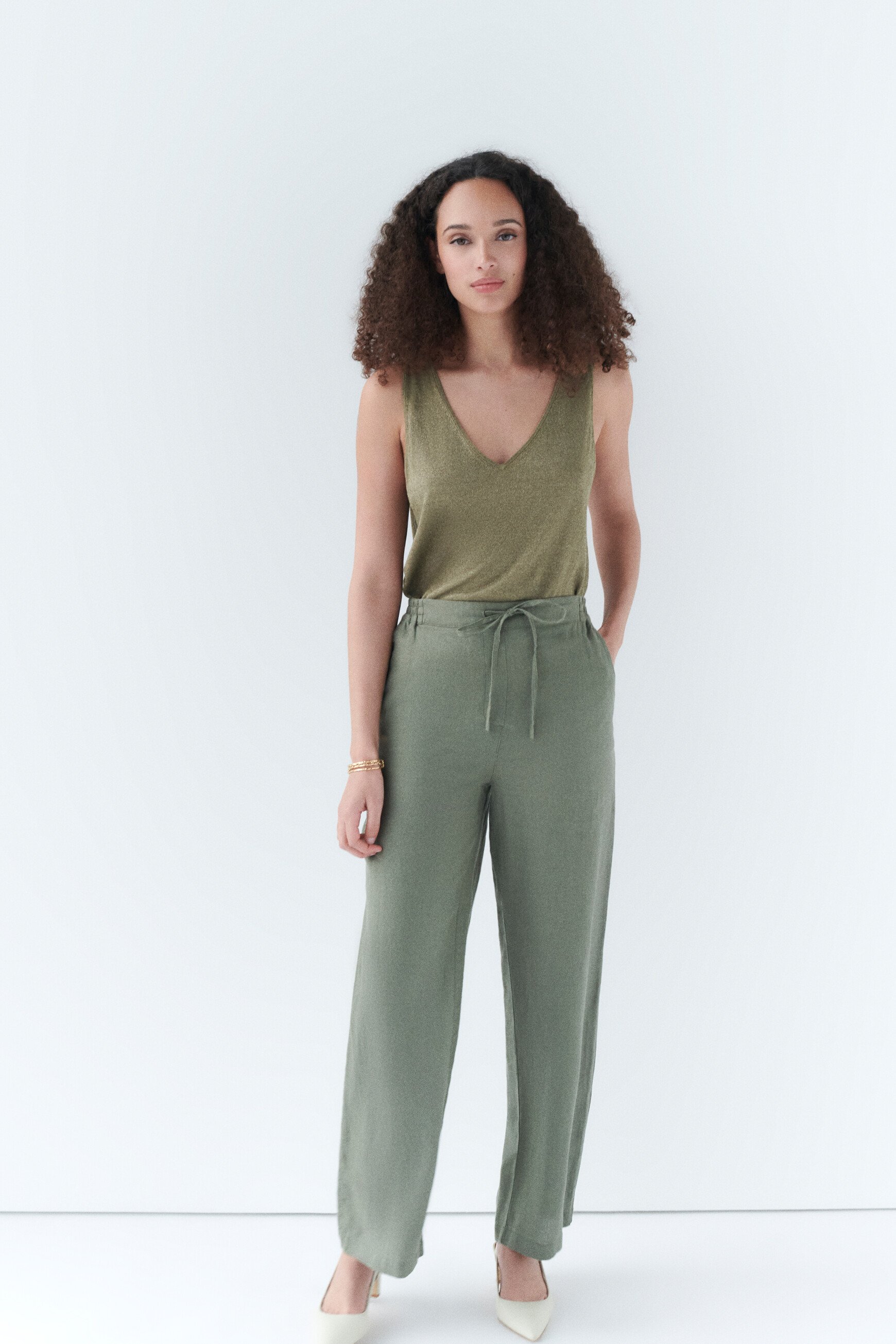 pantalon pigment 100 lin vert kaki femme Pantalon pigment 100% lin vert kaki femme