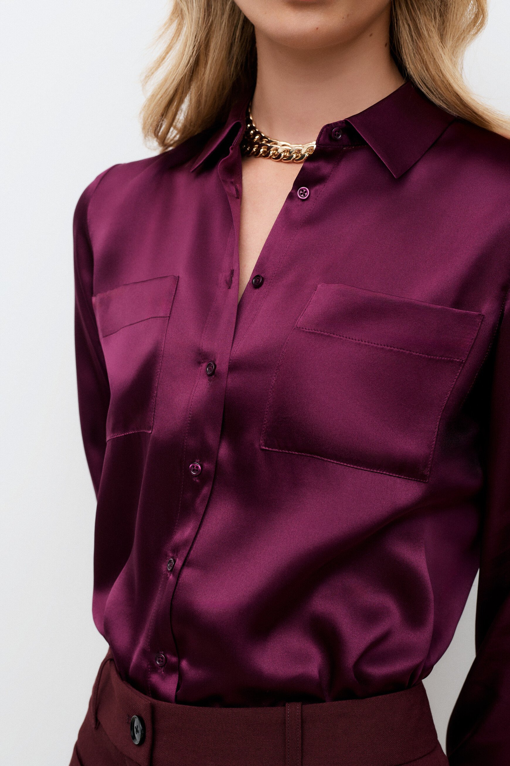 Camisa jeanne b 100% seda ameixa mulher