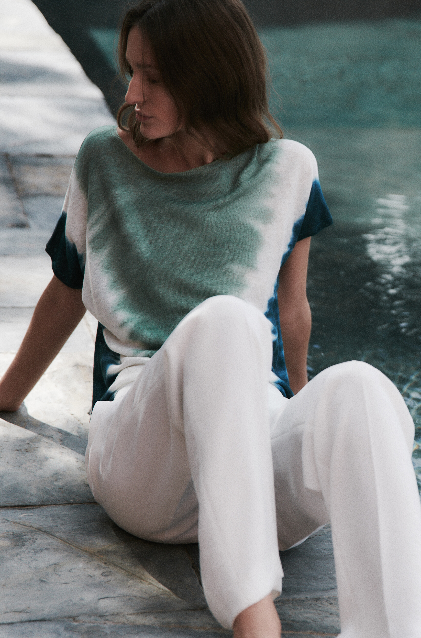 Pull elio 100% lin &agrave; manches courtes bleu femme