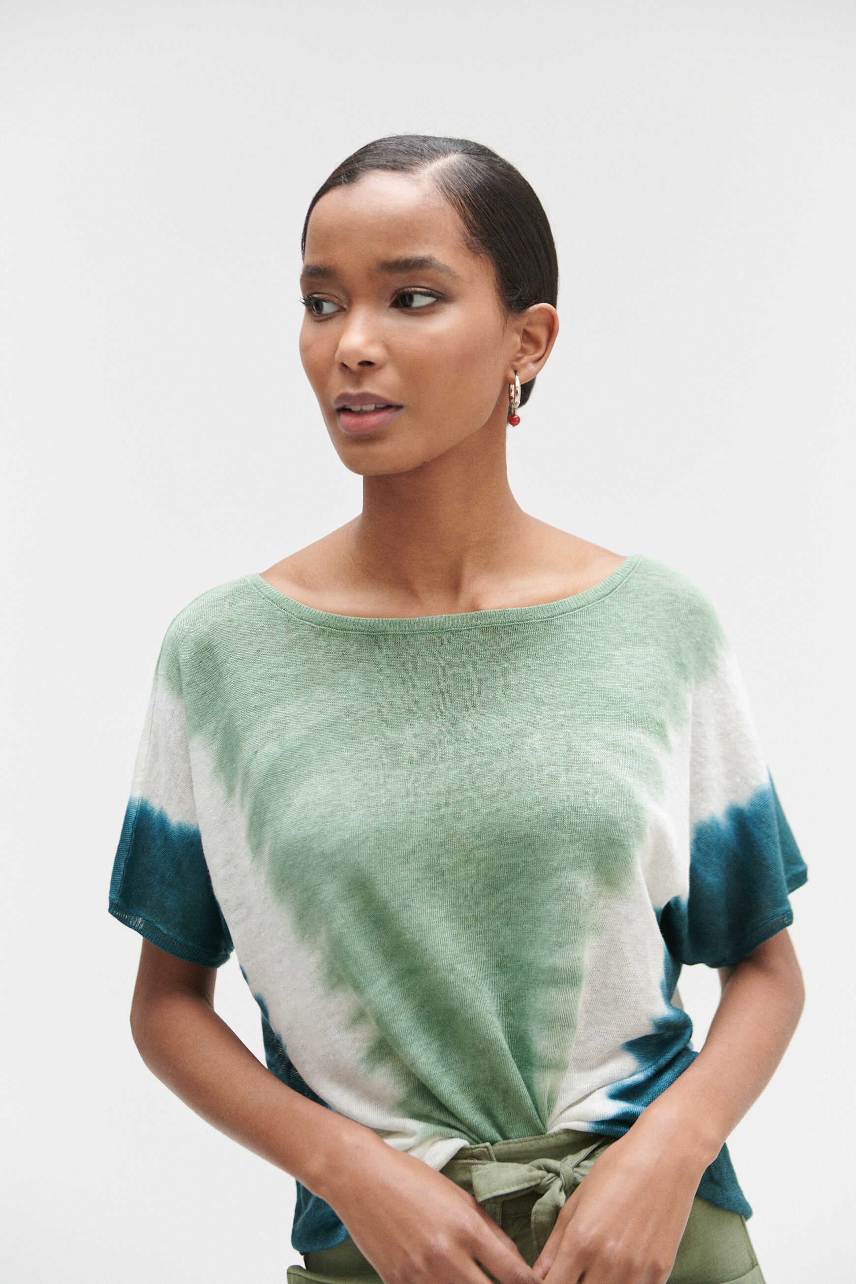 Pull elio 100% lin &agrave; manches courtes bleu femme