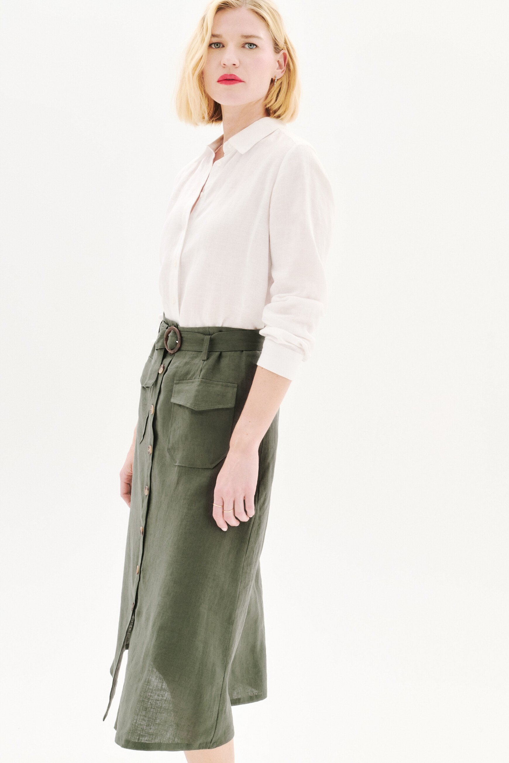 falda agnes 100 lino verde caqui mujer Falda agnes 100 % lino verde caqui mujer