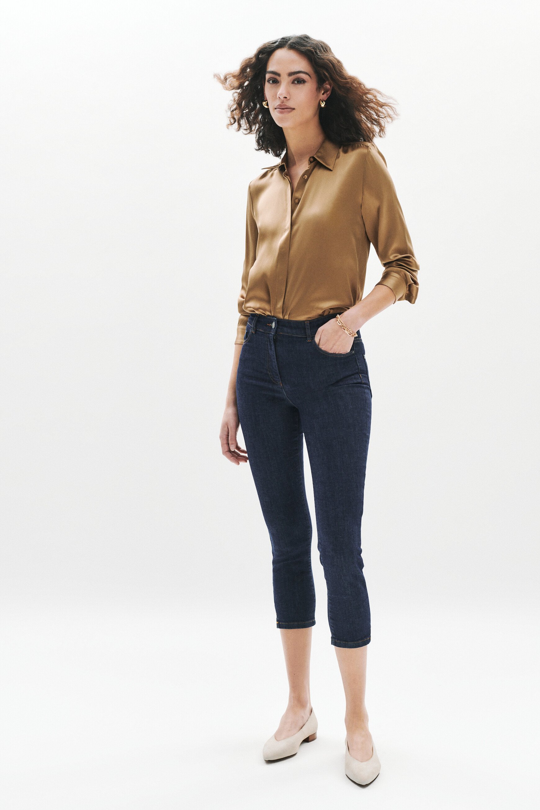 Caleb B cropped denim pants double stone denim woman