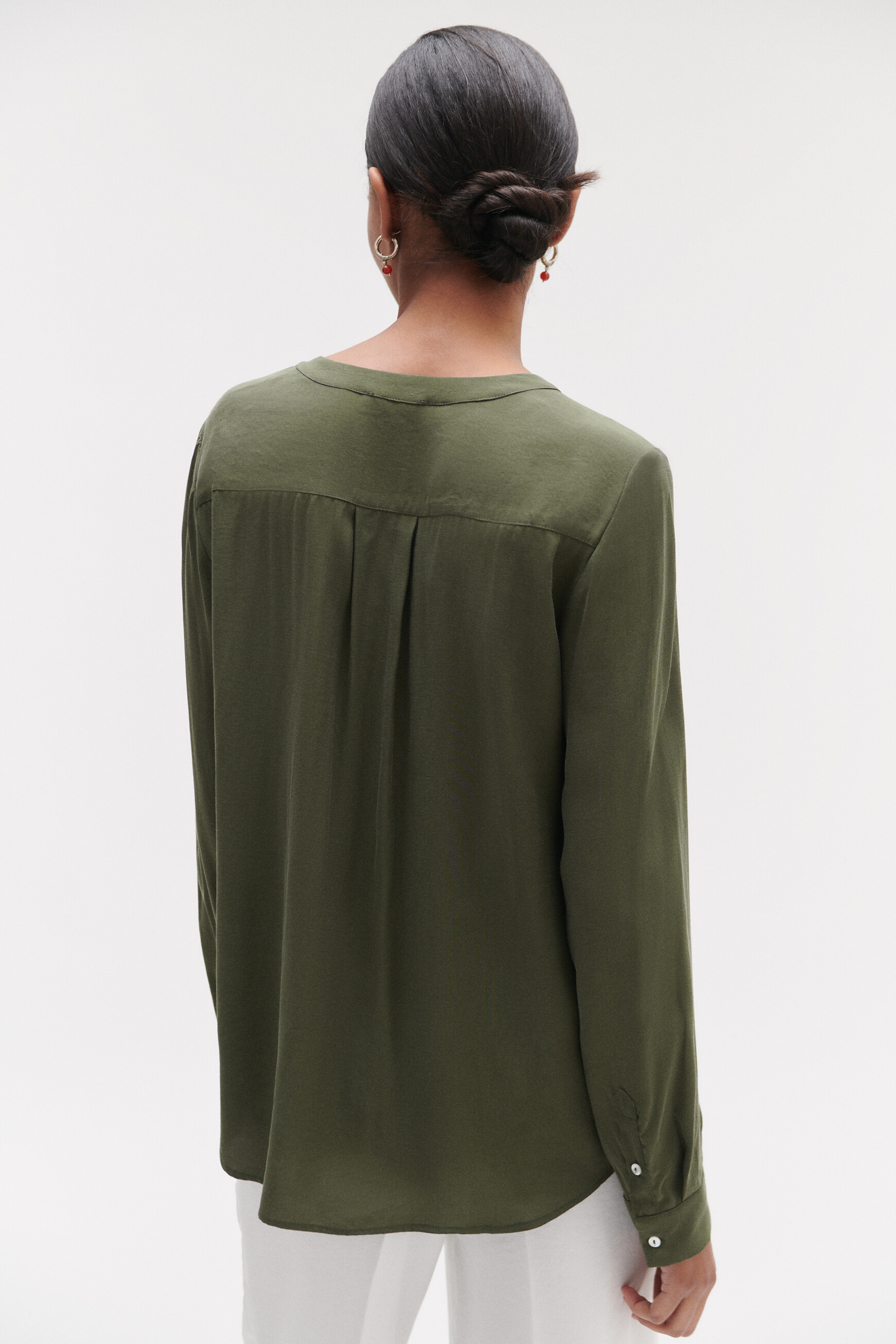 Blouse texas à col tunisien vert kaki femme